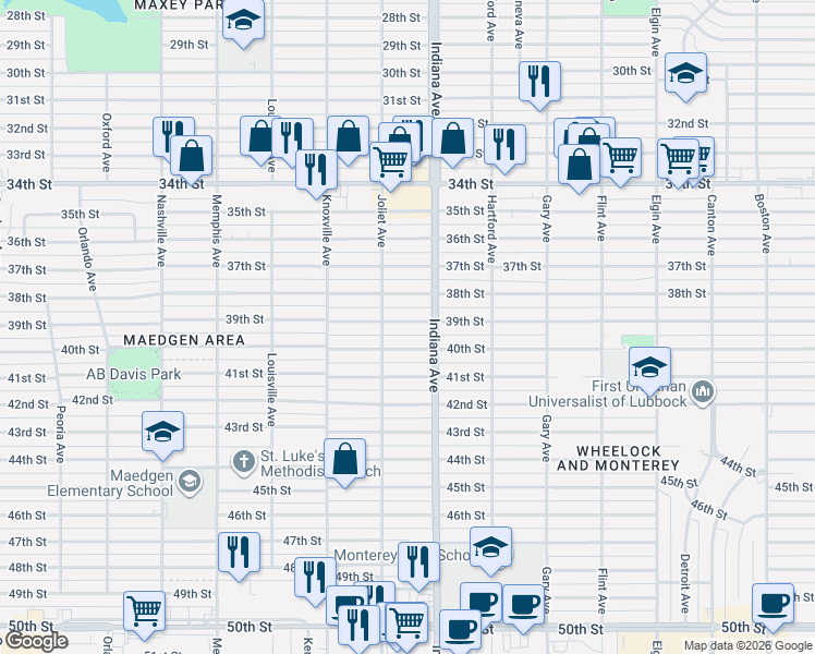 map of restaurants, bars, coffee shops, grocery stores, and more near 3414 40th Street in Lubbock