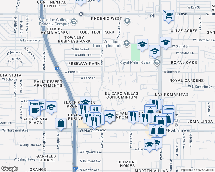 map of restaurants, bars, coffee shops, grocery stores, and more near 2218-2298 W El Caminito Dr in Phoenix