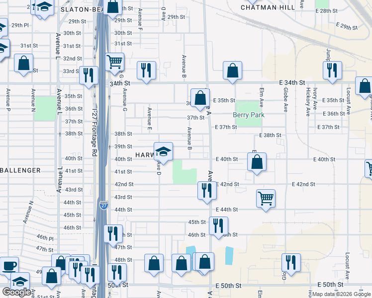 map of restaurants, bars, coffee shops, grocery stores, and more near 310 40th Street in Lubbock