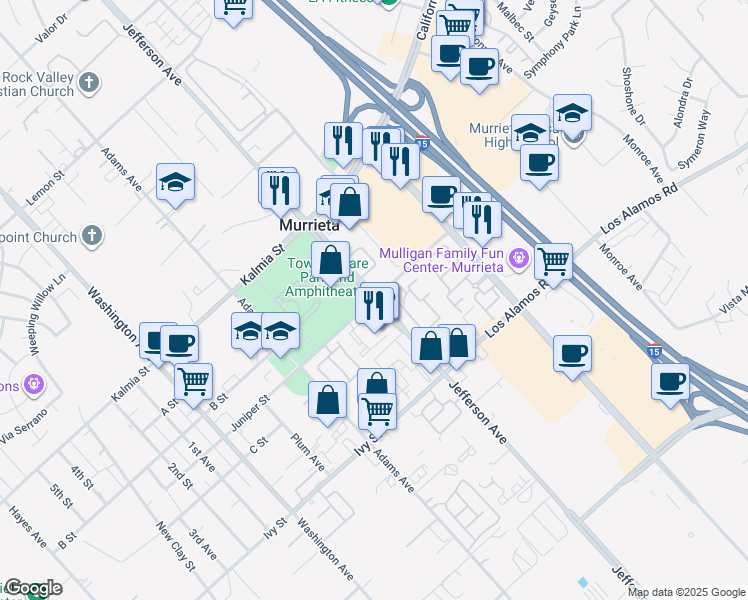 map of restaurants, bars, coffee shops, grocery stores, and more near 41500 Juniper Street in Murrieta