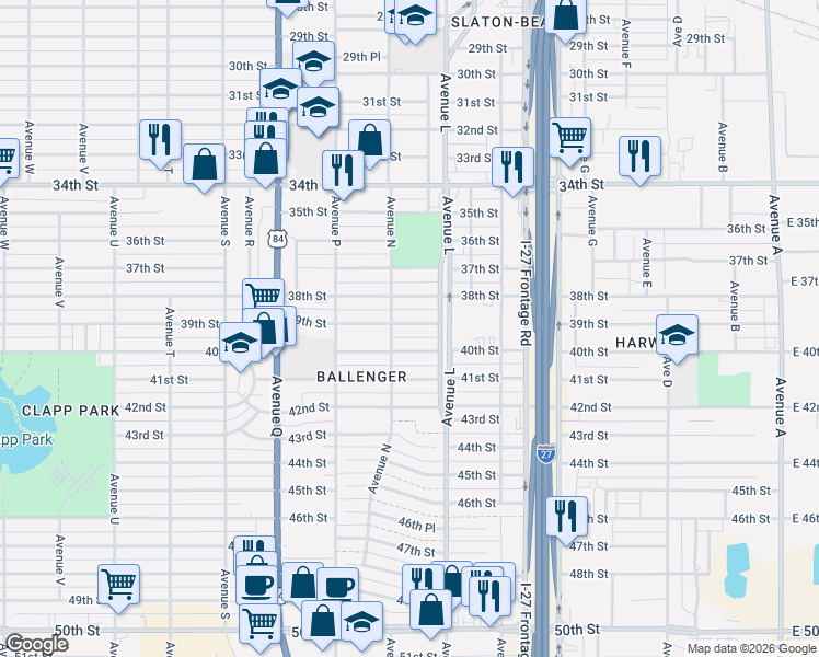 map of restaurants, bars, coffee shops, grocery stores, and more near 1310 40th Street in Lubbock