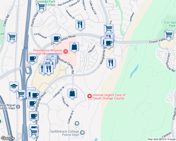 map of restaurants, bars, coffee shops, grocery stores, and more near in Mission Viejo