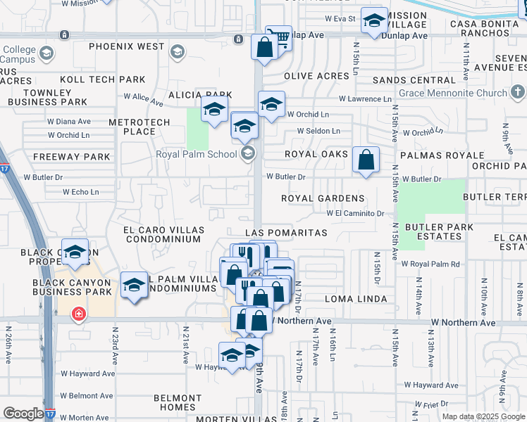 map of restaurants, bars, coffee shops, grocery stores, and more near 1841 West El Caminito Drive in Phoenix