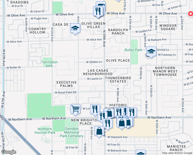 map of restaurants, bars, coffee shops, grocery stores, and more near 8232 North 59th Avenue in Glendale