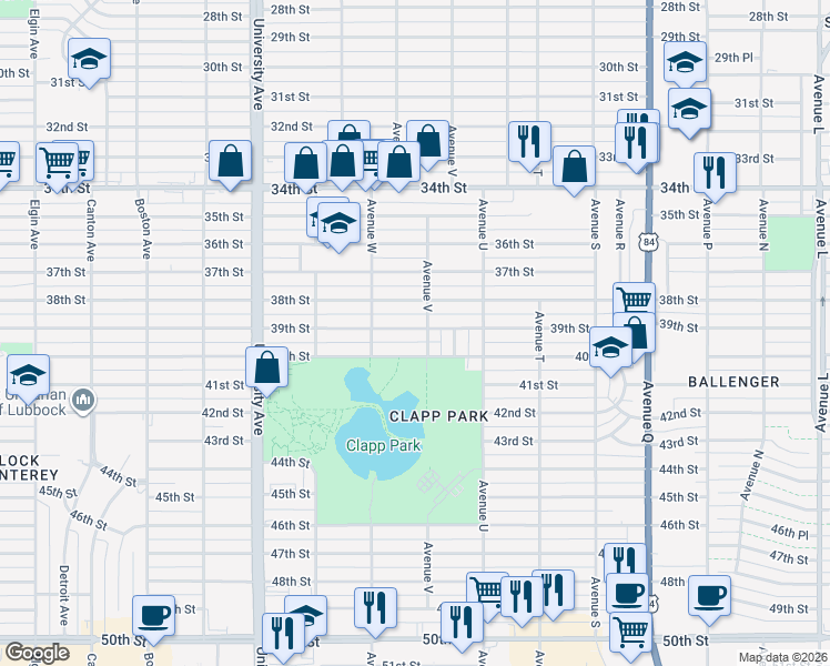 map of restaurants, bars, coffee shops, grocery stores, and more near 2212 40th Street in Lubbock