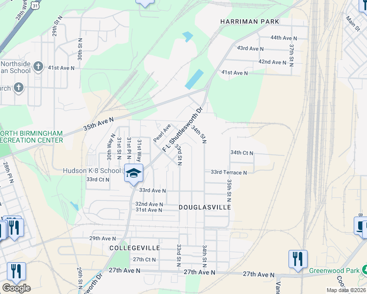 map of restaurants, bars, coffee shops, grocery stores, and more near 3372 33rd Street North in Birmingham
