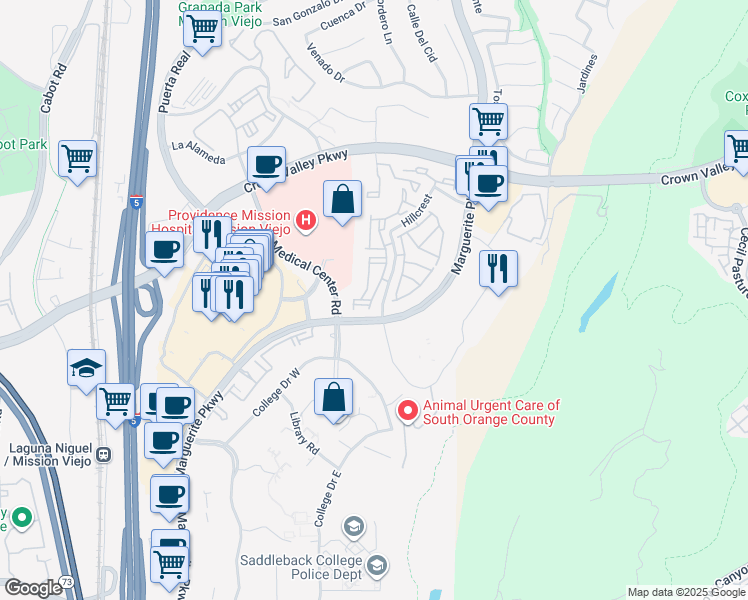 map of restaurants, bars, coffee shops, grocery stores, and more near 27854 Emerald in Mission Viejo