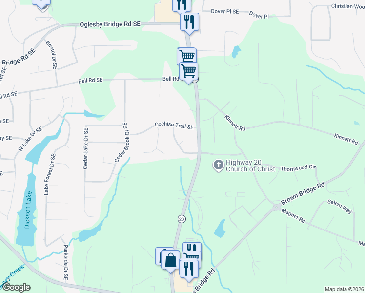 map of restaurants, bars, coffee shops, grocery stores, and more near 4900 Cherokee Way Southeast in Conyers