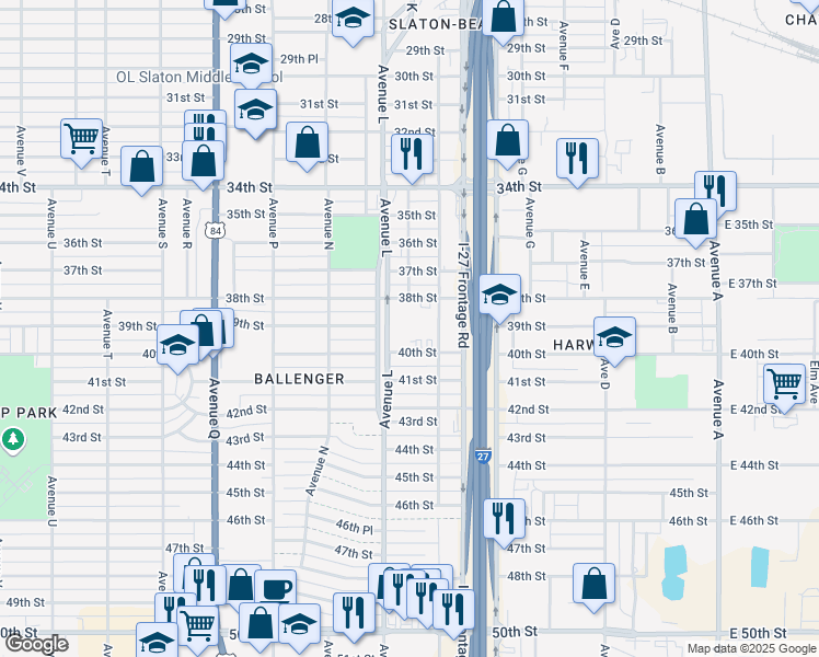 map of restaurants, bars, coffee shops, grocery stores, and more near 1110 40th Street in Lubbock