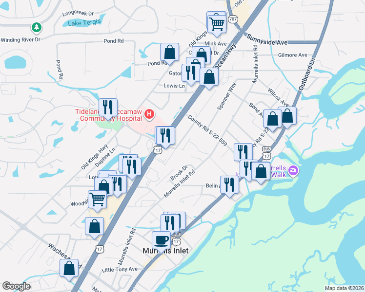 map of restaurants, bars, coffee shops, grocery stores, and more near 639 Crystal Lane in Murrells Inlet