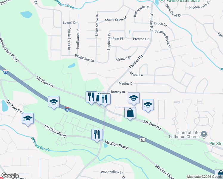 map of restaurants, bars, coffee shops, grocery stores, and more near 7212 Fielder Road in Jonesboro