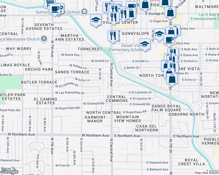 map of restaurants, bars, coffee shops, grocery stores, and more near 8402C North Central Avenue in Phoenix