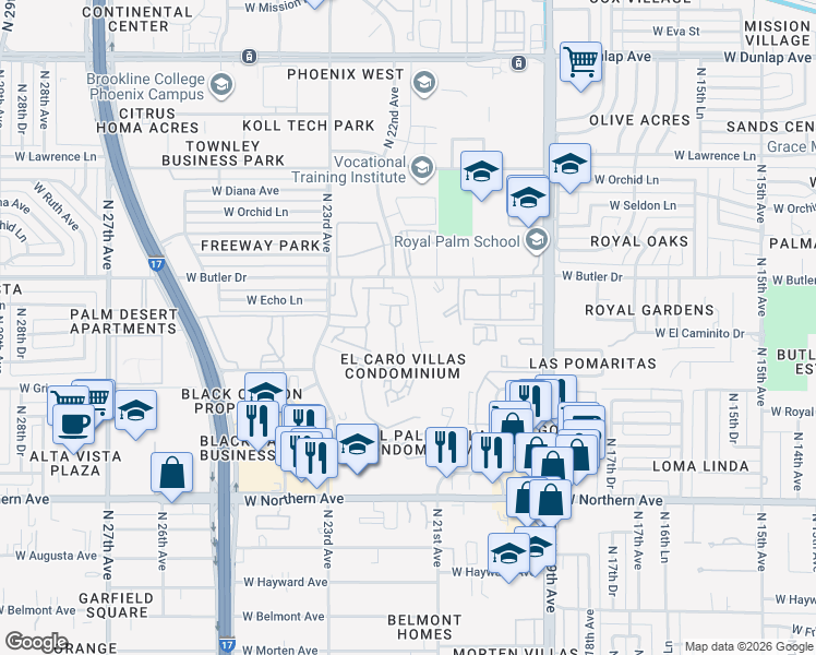 map of restaurants, bars, coffee shops, grocery stores, and more near 8301 North 21st Drive in Phoenix