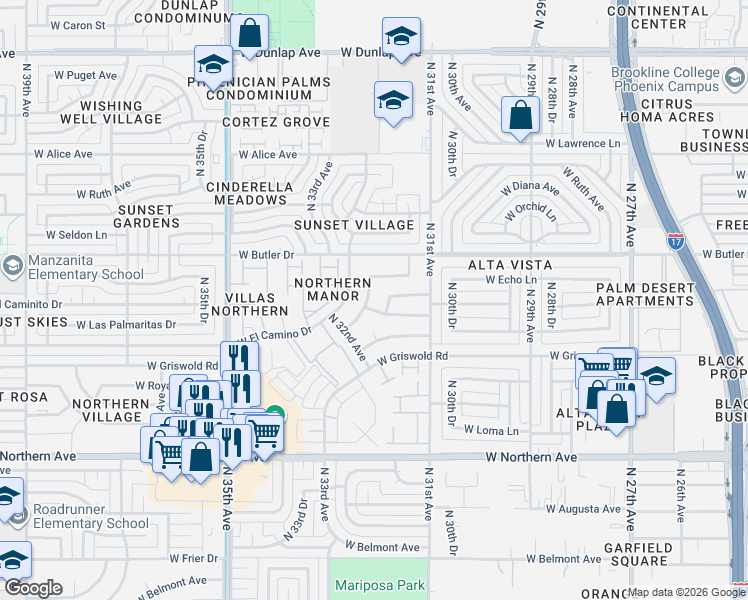 map of restaurants, bars, coffee shops, grocery stores, and more near 3153 West El Caminito Drive in Phoenix