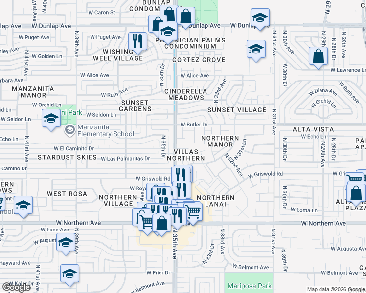 map of restaurants, bars, coffee shops, grocery stores, and more near 8244 North 34th Avenue in Phoenix