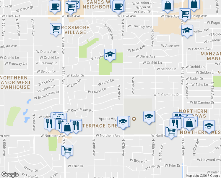 map of restaurants, bars, coffee shops, grocery stores, and more near 4741 West El Caminito Drive in Glendale