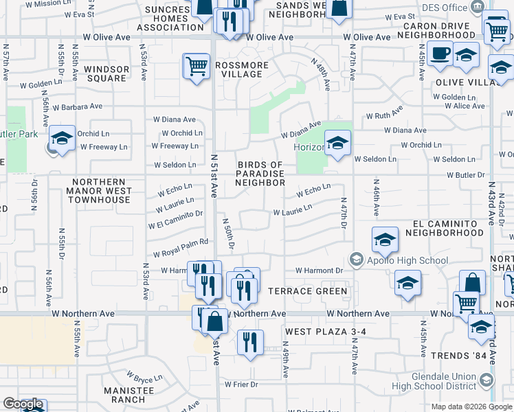 map of restaurants, bars, coffee shops, grocery stores, and more near 8341 North 50th Avenue in Glendale