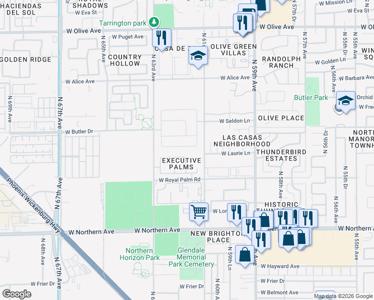 map of restaurants, bars, coffee shops, grocery stores, and more near 6145 West Echo Lane in Glendale