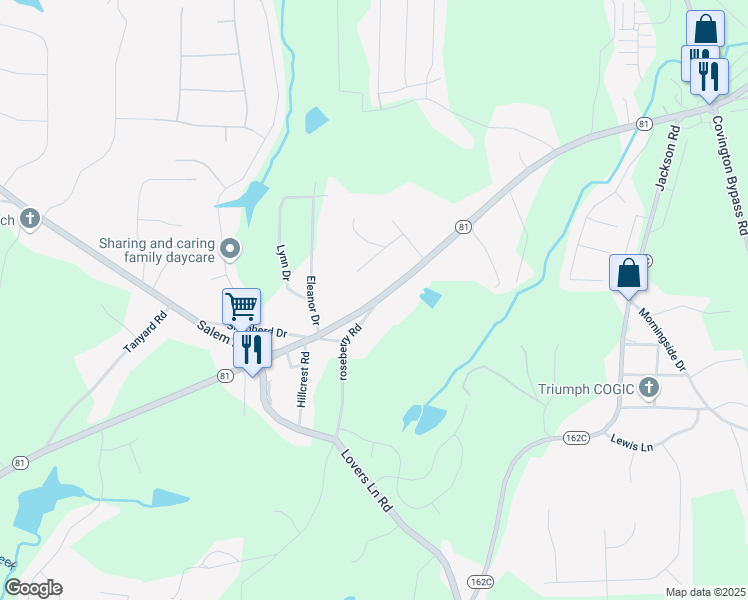 map of restaurants, bars, coffee shops, grocery stores, and more near 0 roseberry road in Covington