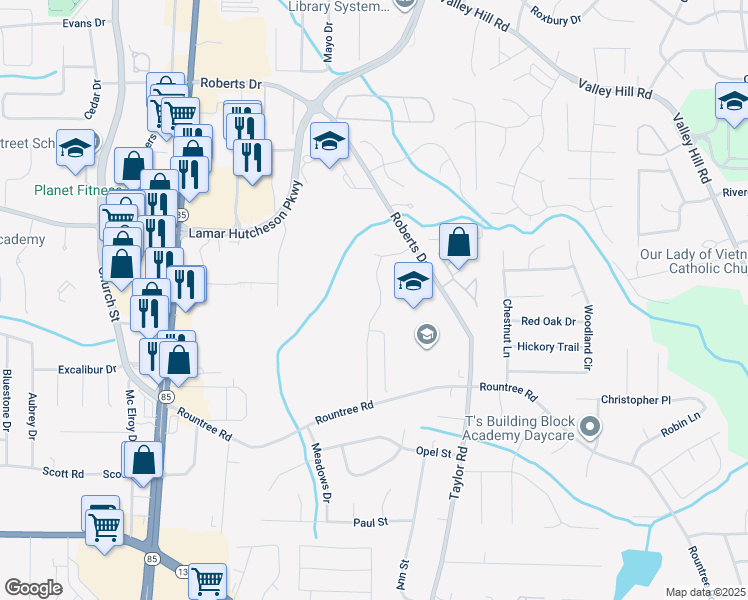 map of restaurants, bars, coffee shops, grocery stores, and more near 7210 Williamsburg Drive in Riverdale