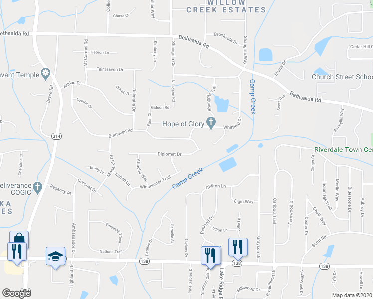 map of restaurants, bars, coffee shops, grocery stores, and more near 1382 Diplomat Drive in Riverdale