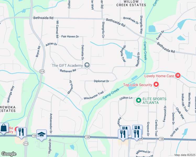 map of restaurants, bars, coffee shops, grocery stores, and more near 1445 Diplomat Drive in Riverdale