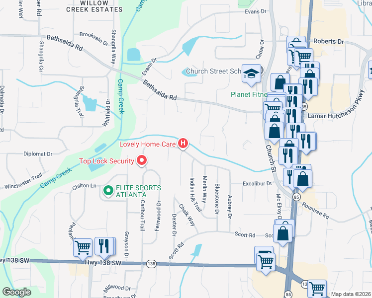 map of restaurants, bars, coffee shops, grocery stores, and more near 1039 Salisbury Trail in Riverdale