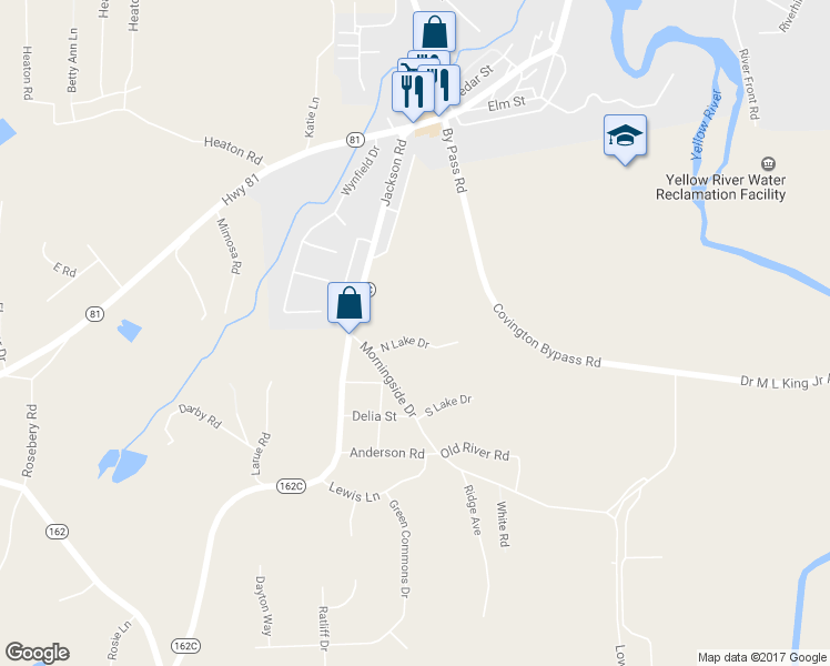 map of restaurants, bars, coffee shops, grocery stores, and more near 555 North Lake Drive in Covington