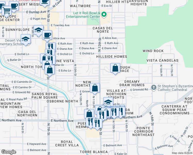 map of restaurants, bars, coffee shops, grocery stores, and more near 1133 East Las Palmaritas Drive in Phoenix