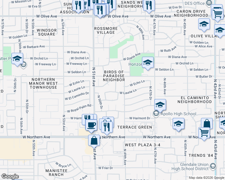map of restaurants, bars, coffee shops, grocery stores, and more near 8341 North 50th Avenue in Glendale