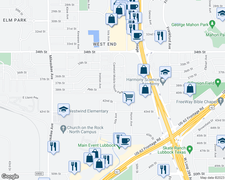 map of restaurants, bars, coffee shops, grocery stores, and more near 6101 39th Street in Lubbock