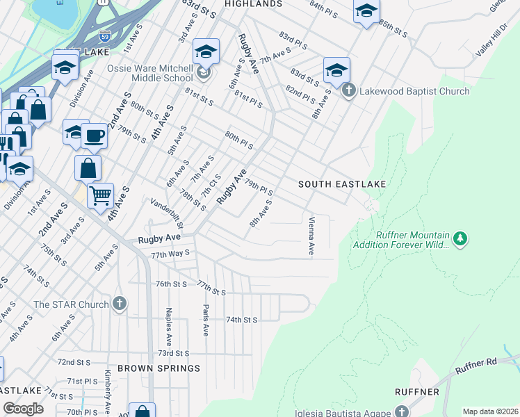 map of restaurants, bars, coffee shops, grocery stores, and more near 809 79th Street South in Birmingham