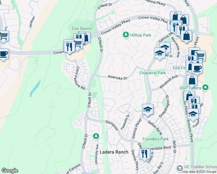 map of restaurants, bars, coffee shops, grocery stores, and more near 16 Kingsway Drive in Mission Viejo