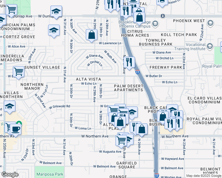 map of restaurants, bars, coffee shops, grocery stores, and more near 2742 West Echo Lane in Phoenix