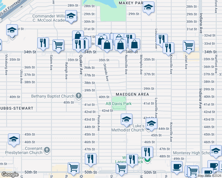 map of restaurants, bars, coffee shops, grocery stores, and more near 4021 38th Street in Lubbock