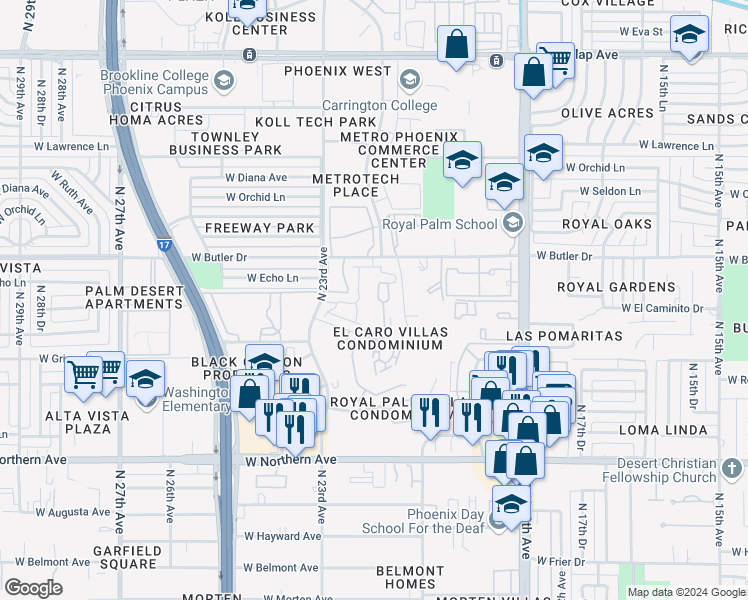 map of restaurants, bars, coffee shops, grocery stores, and more near 8344 North 21st Drive in Phoenix
