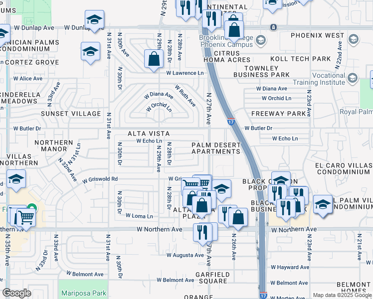 map of restaurants, bars, coffee shops, grocery stores, and more near 2742 West Echo Lane in Phoenix