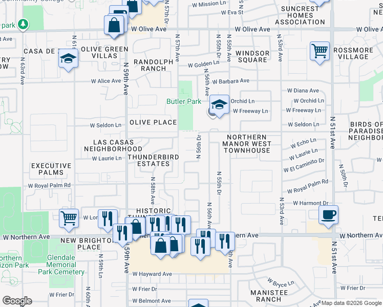map of restaurants, bars, coffee shops, grocery stores, and more near in Glendale