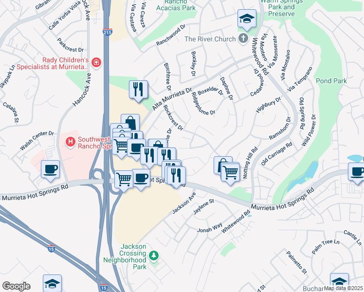 map of restaurants, bars, coffee shops, grocery stores, and more near 25716 Marvick Way in Murrieta