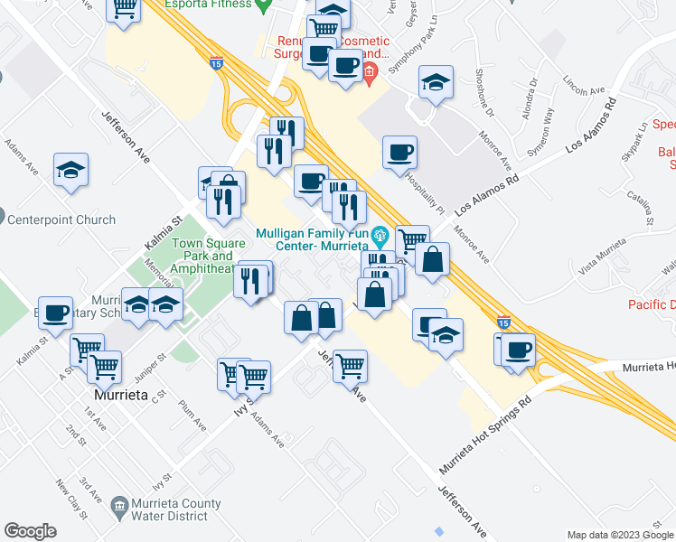 map of restaurants, bars, coffee shops, grocery stores, and more near 24909 Madison Avenue in Murrieta
