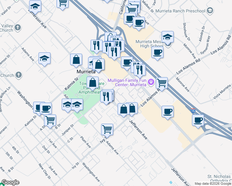 map of restaurants, bars, coffee shops, grocery stores, and more near 41411 Juniper Street in Murrieta