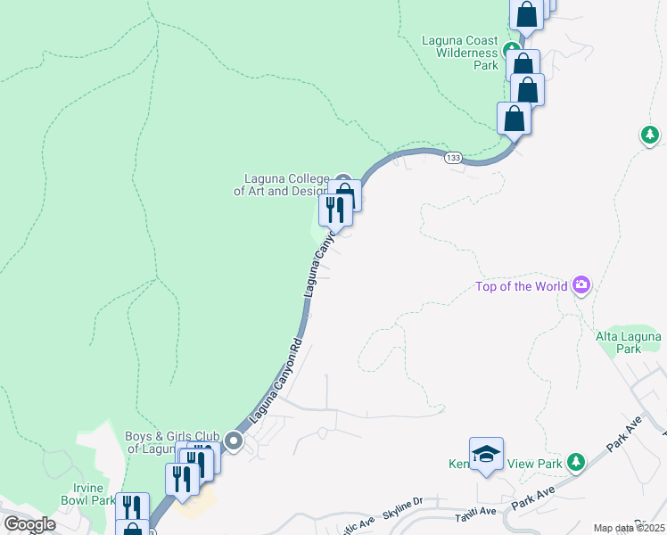 map of restaurants, bars, coffee shops, grocery stores, and more near 2100 Laguna Canyon Road in Laguna Beach