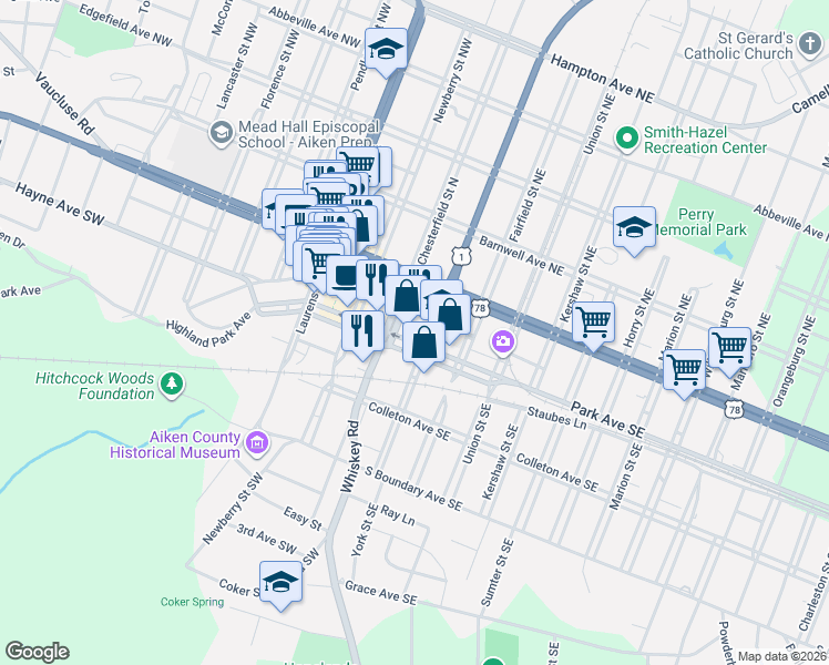 map of restaurants, bars, coffee shops, grocery stores, and more near 121 York Street Northeast in Aiken