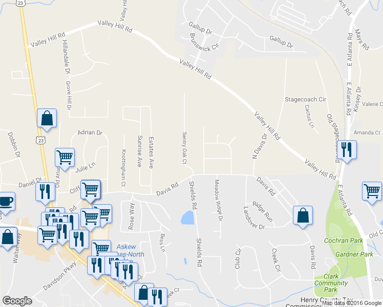 map of restaurants, bars, coffee shops, grocery stores, and more near 19 Sentry Oak Court in Stockbridge