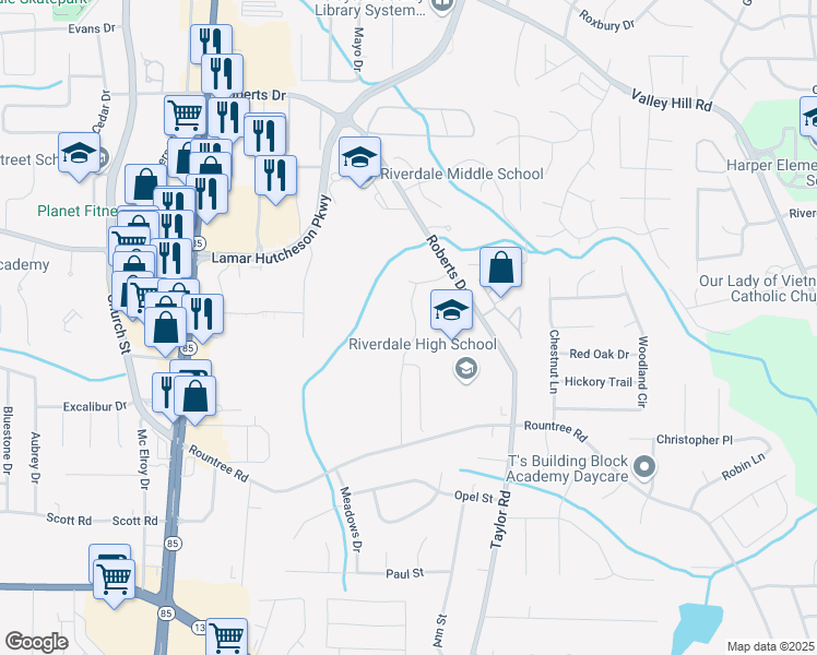 map of restaurants, bars, coffee shops, grocery stores, and more near 7158 Williamsburg Drive in Riverdale