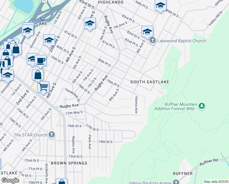 map of restaurants, bars, coffee shops, grocery stores, and more near 776 79th Place South in Birmingham