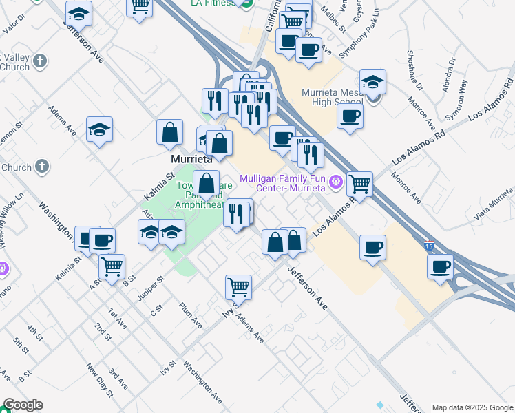 map of restaurants, bars, coffee shops, grocery stores, and more near 41411 Juniper Street in Murrieta