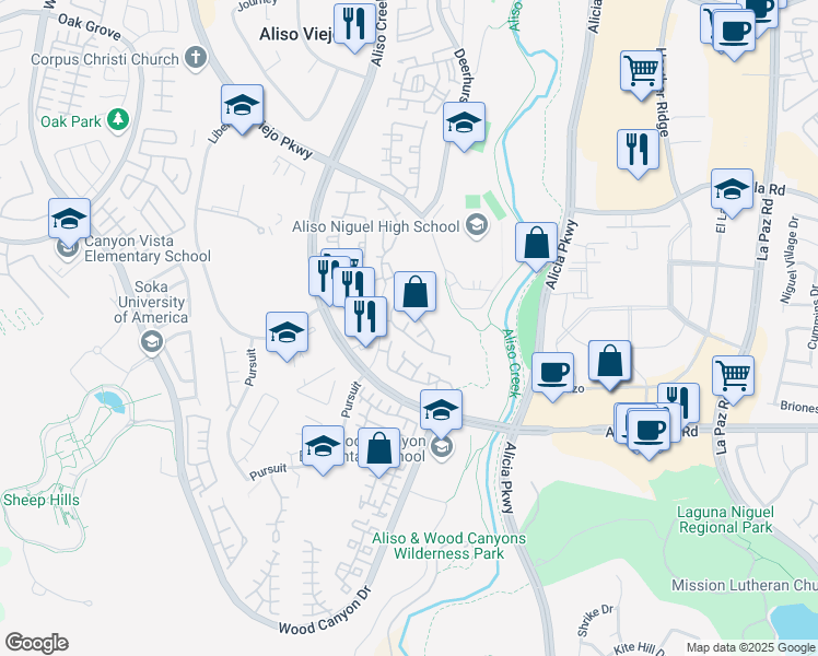 map of restaurants, bars, coffee shops, grocery stores, and more near 27 Matisse Circle in Aliso Viejo