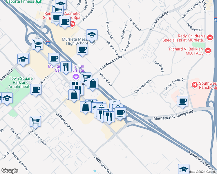 map of restaurants, bars, coffee shops, grocery stores, and more near 25189 Monroe Avenue in Murrieta