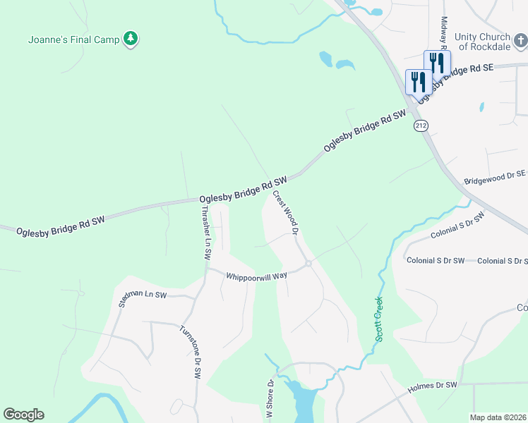 map of restaurants, bars, coffee shops, grocery stores, and more near 2140 Oglesby Bridge Road Southwest in Conyers